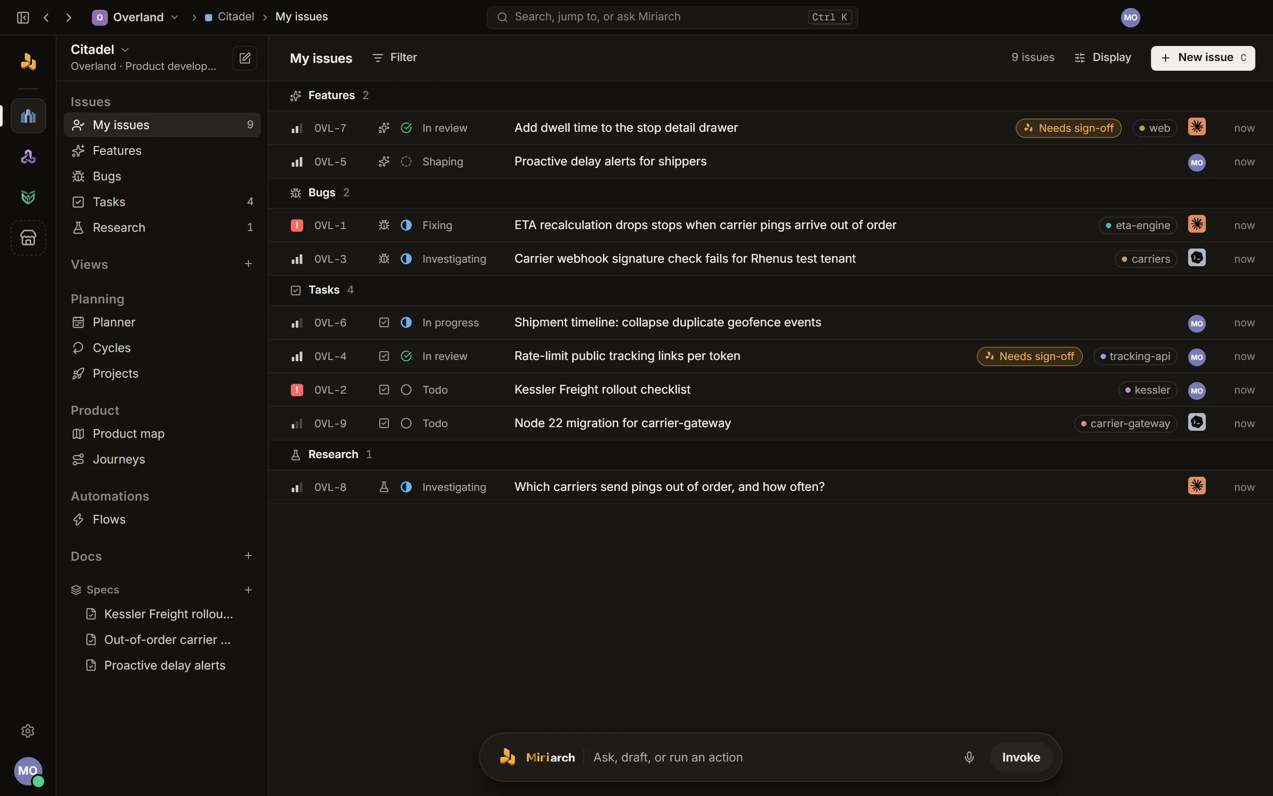 Miriarch on the desktop: Citadel's issues in the sample workspace Overland, some assigned to people and some to Claude Code and Codex.