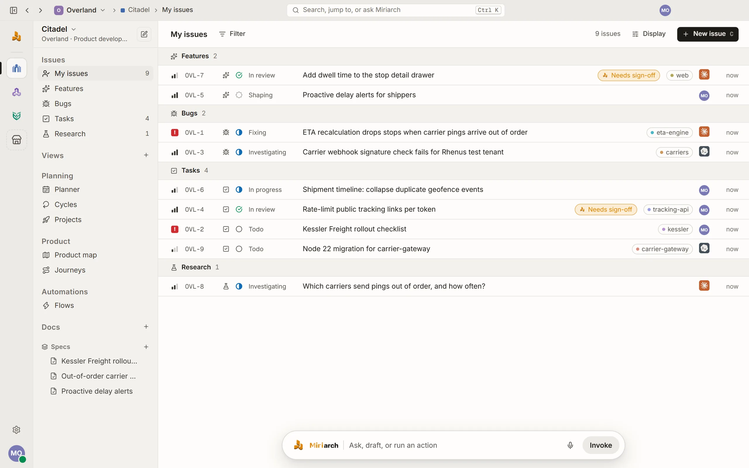 Miriarch on the desktop: Citadel's issues in the sample workspace Overland, some assigned to people and some to Claude Code and Codex.